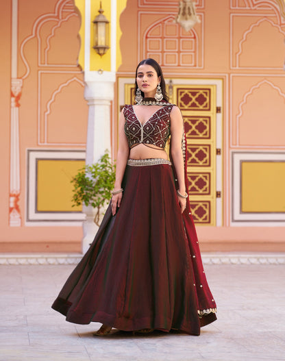 Lorenvalley Fashion Maroon Fendy Satin Sequins and Thread Embroidery Work Lehenga Choli with Dupatta