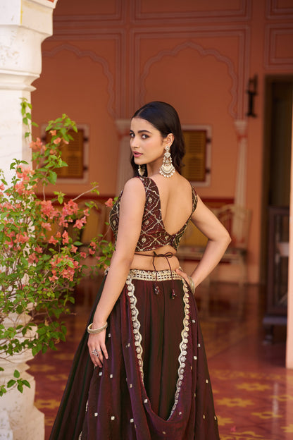 Lorenvalley Fashion Maroon Fendy Satin Sequins and Thread Embroidery Work Lehenga Choli with Dupatta