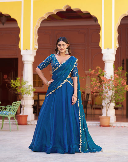 Lorenvalley Fashion Rama Fendy Satin Sequins and Thread Embroidery Work Lehenga Choli with Dupatta