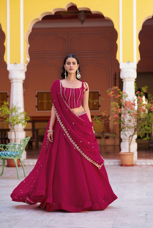 Lorenvalley Fashion Ranipink Fendy Satin Sequins and Thread Embroidery Work Lehenga Choli with Dupatta