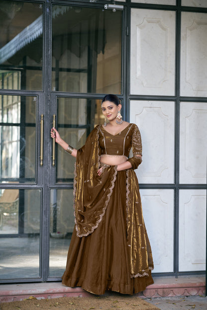 Lorenvalley Fashion Brown Fendi Silk Sequins And Thread Embroidery Work Belt Lehenga Choli With Dupatta