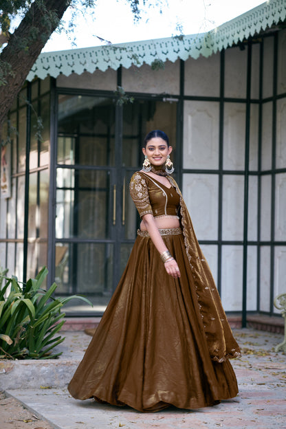Lorenvalley Fashion Brown Fendi Silk Sequins And Thread Embroidery Work Belt Lehenga Choli With Dupatta