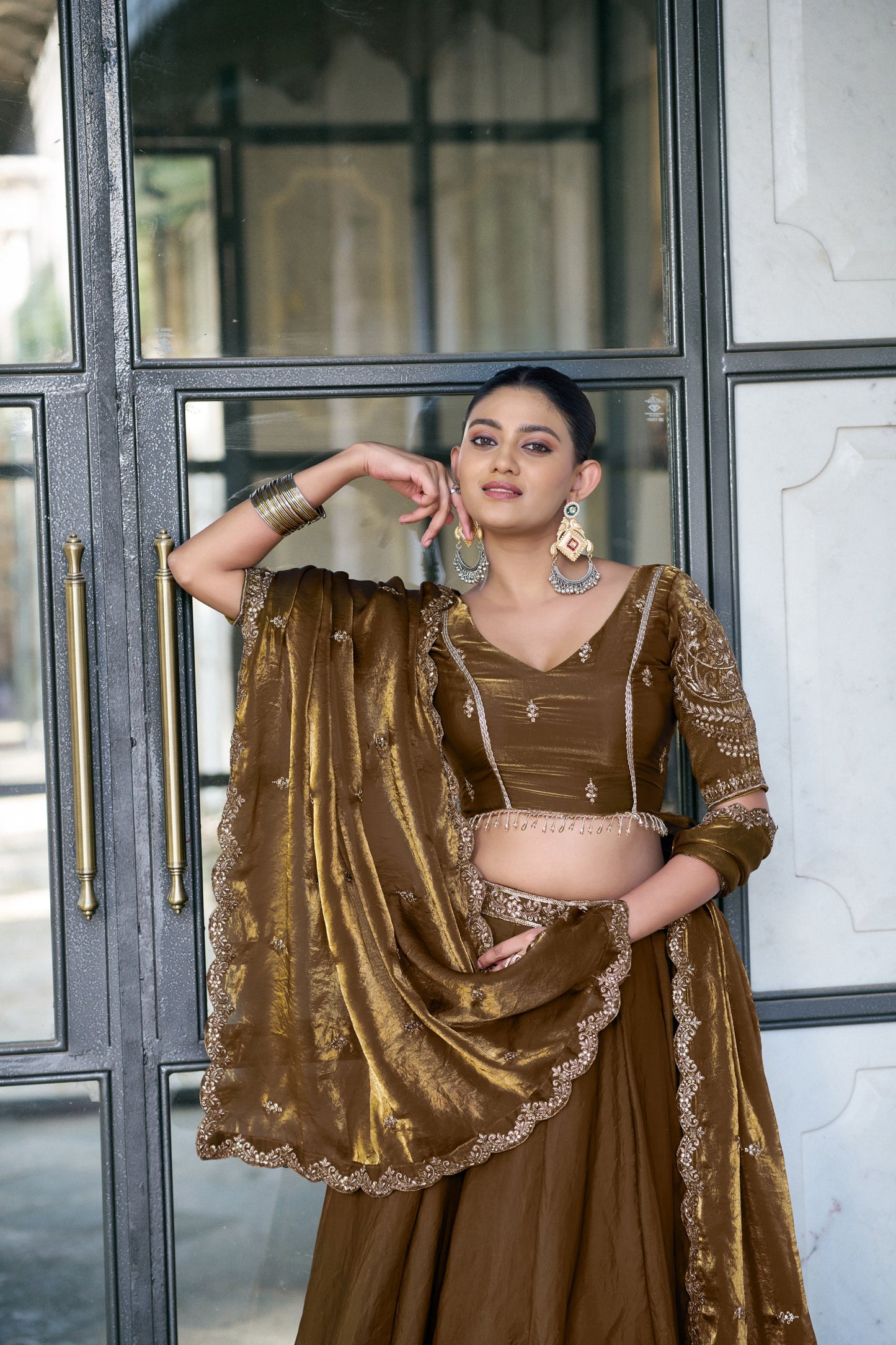Lorenvalley Fashion Brown Fendi Silk Sequins And Thread Embroidery Work Belt Lehenga Choli With Dupatta