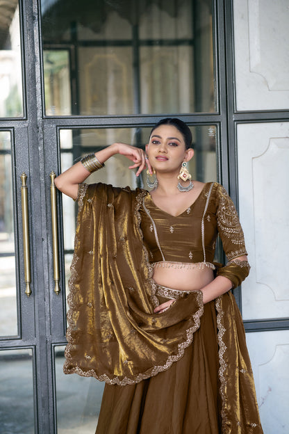 Lorenvalley Fashion Brown Fendi Silk Sequins And Thread Embroidery Work Belt Lehenga Choli With Dupatta