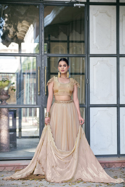 Lorenvalley Fashion Cream Fendi Silk Sequins And Thread Embroidery Work Belt Lehenga Choli With Dupatta
