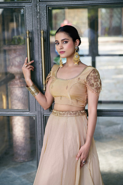 Lorenvalley Fashion Cream Fendi Silk Sequins And Thread Embroidery Work Belt Lehenga Choli With Dupatta