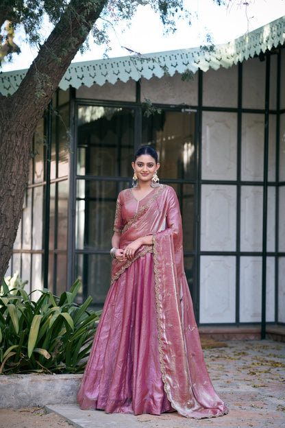 Lorenvalley Fashion Lightpink Fendi Silk Sequins And Thread Embroidery Work Belt Lehenga Choli With Dupatta