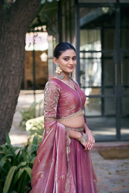 Lorenvalley Fashion Lightpink Fendi Silk Sequins And Thread Embroidery Work Belt Lehenga Choli With Dupatta