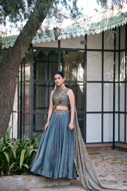 Lorenvalley Fashion Teal Fendi Silk Sequins And Thread Embroidery Work Belt Lehenga Choli With Dupatta