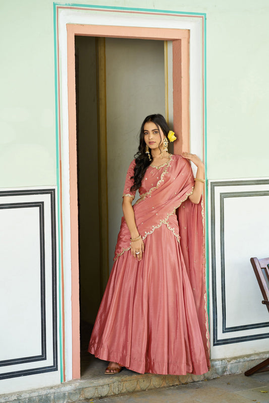 Lorenvalley Fashion Peach Chinon Plain Lehenga Sequins And Thread Embroidery Work Choli With Dupatta