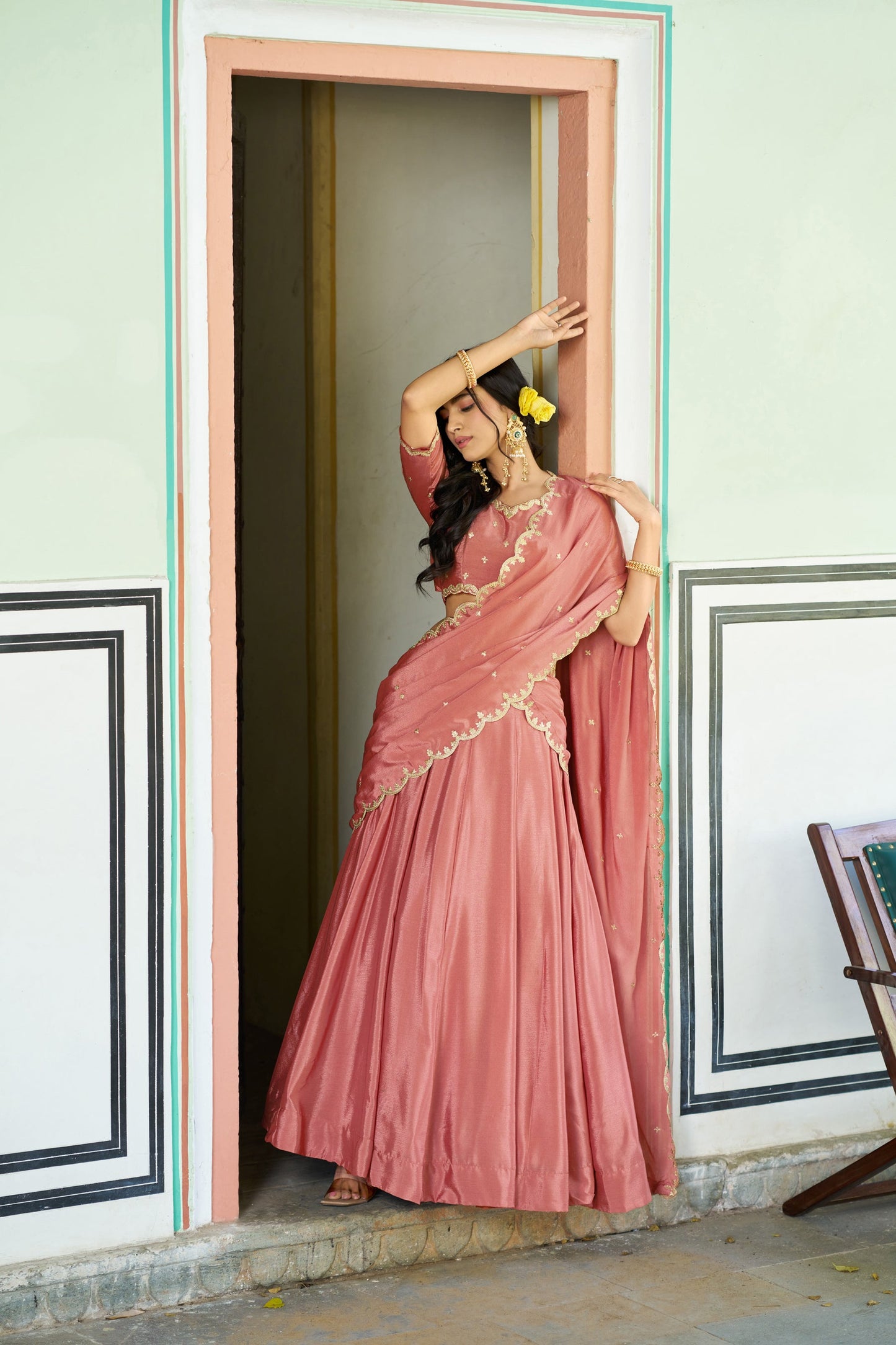 Lorenvalley Fashion Peach Chinon Plain Lehenga Sequins And Thread Embroidery Work Choli With Dupatta