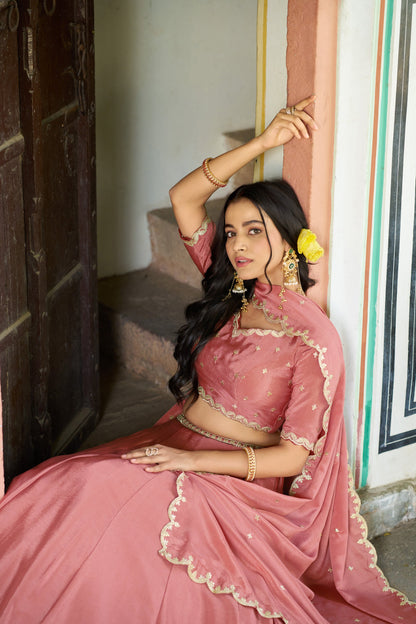 Lorenvalley Fashion Peach Chinon Plain Lehenga Sequins And Thread Embroidery Work Choli With Dupatta