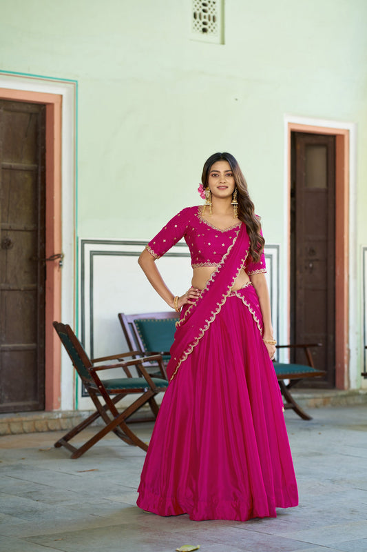 Lorenvalley Fashion Ranipink Chinon Plain Lehenga Sequins And Thread Embroidery Work Choli With Dupatta