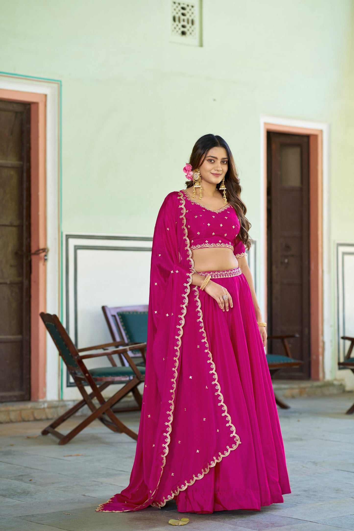 Lorenvalley Fashion Ranipink Chinon Plain Lehenga Sequins And Thread Embroidery Work Choli With Dupatta