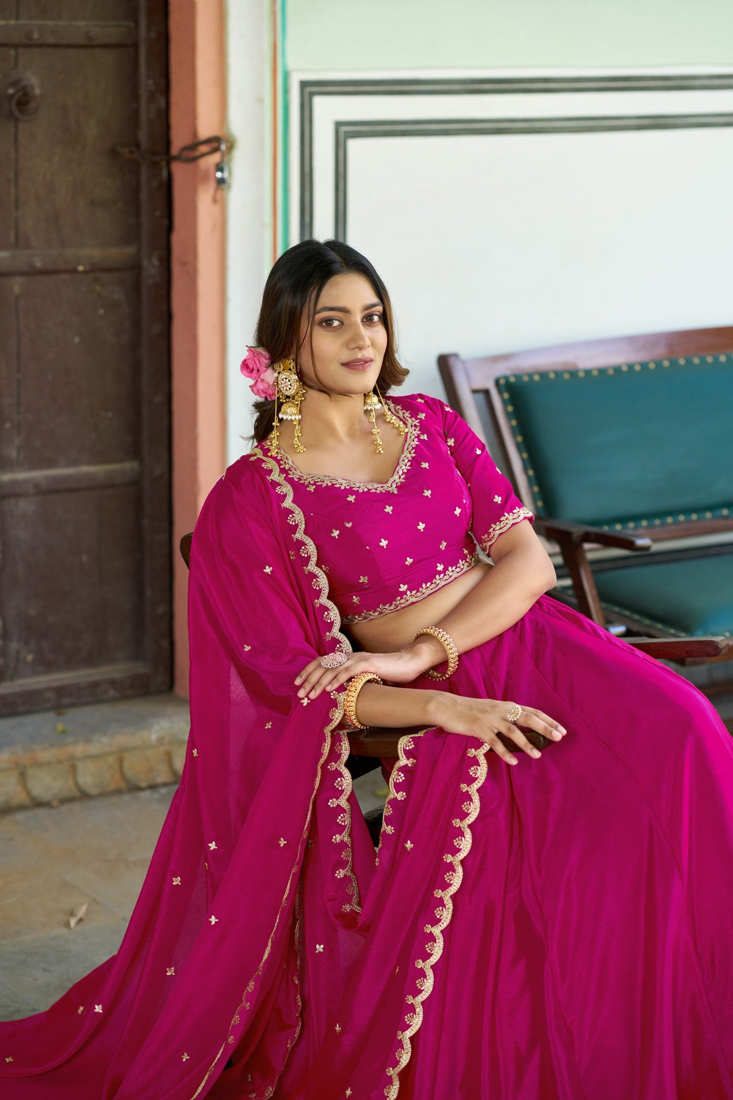 Lorenvalley Fashion Ranipink Chinon Plain Lehenga Sequins And Thread Embroidery Work Choli With Dupatta