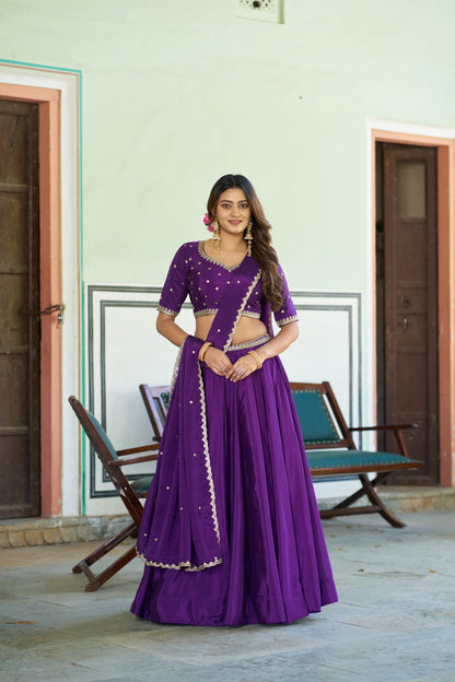 Lorenvalley Fashion Purple Chinon Plain Lehenga Sequins And Thread Embroidery Work Choli With Dupatta