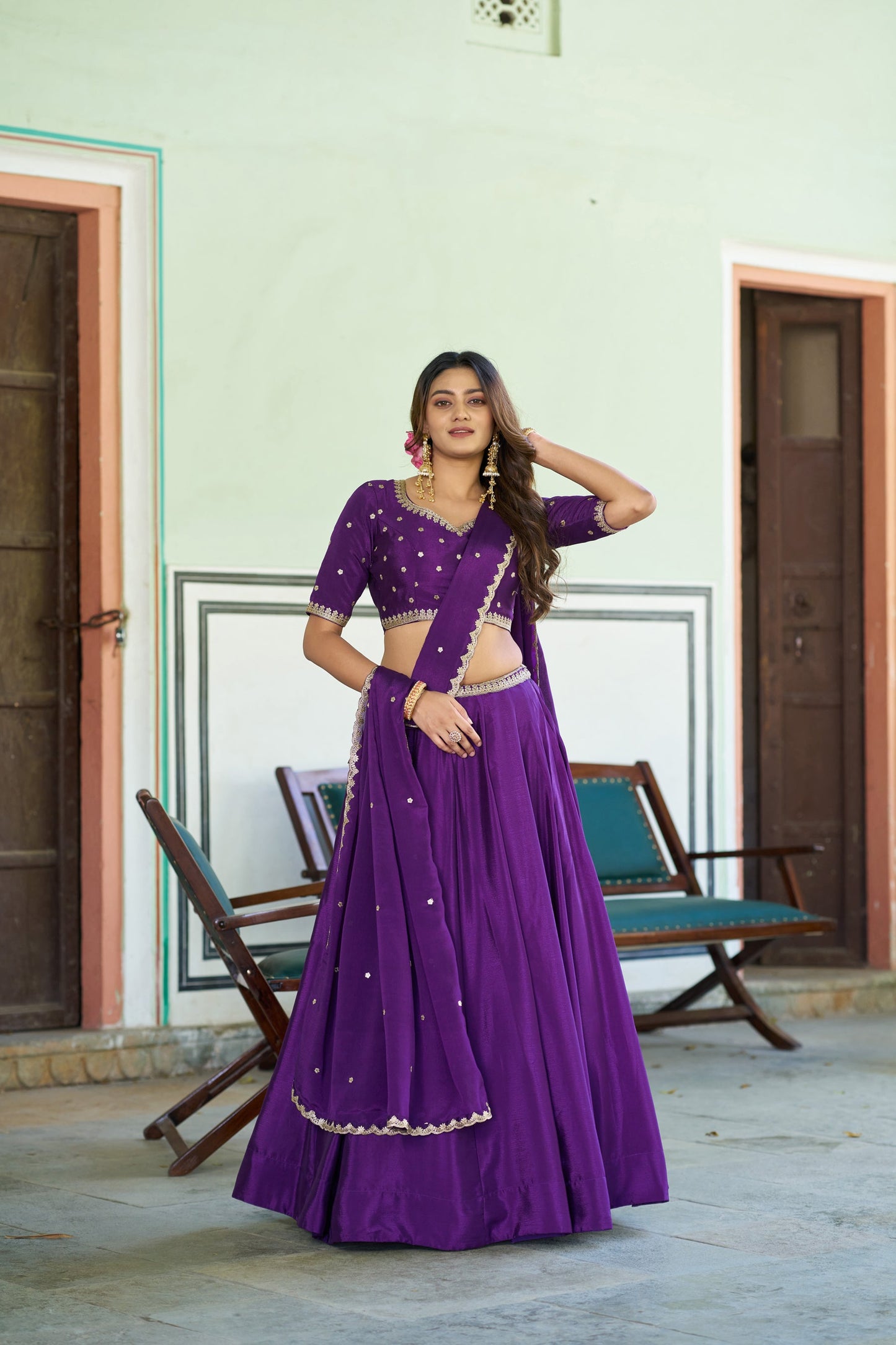 Lorenvalley Fashion Purple Chinon Plain Lehenga Sequins And Thread Embroidery Work Choli With Dupatta