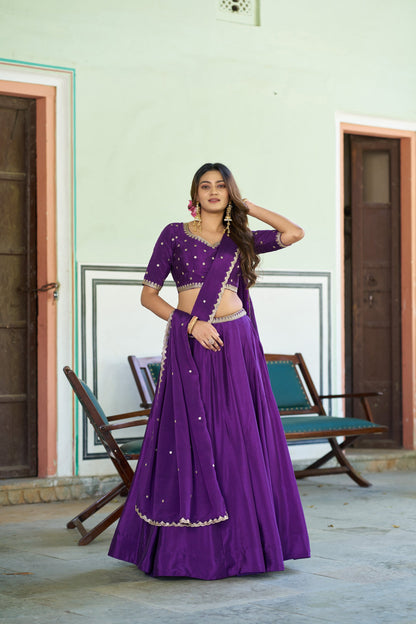 Lorenvalley Fashion Purple Chinon Plain Lehenga Sequins And Thread Embroidery Work Choli With Dupatta