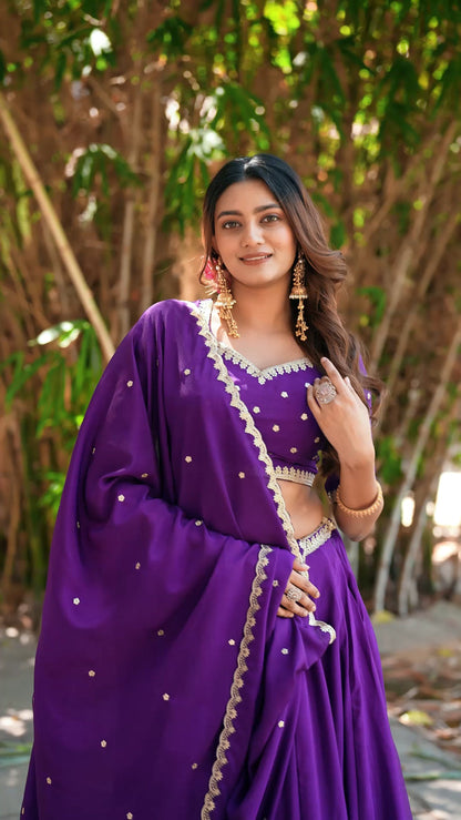 Lorenvalley Fashion Purple Chinon Plain Lehenga Sequins And Thread Embroidery Work Choli With Dupatta