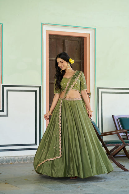 Lorenvalley Fashion Pista Chinon Plain Lehenga Sequins And Thread Embroidery Work Choli With Dupatta