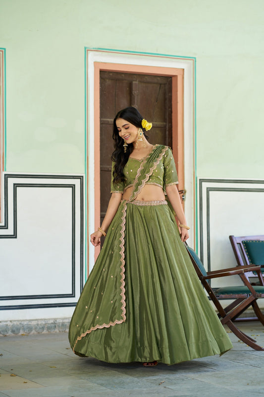 Lorenvalley Fashion Pista Chinon Plain Lehenga Sequins And Thread Embroidery Work Choli With Dupatta