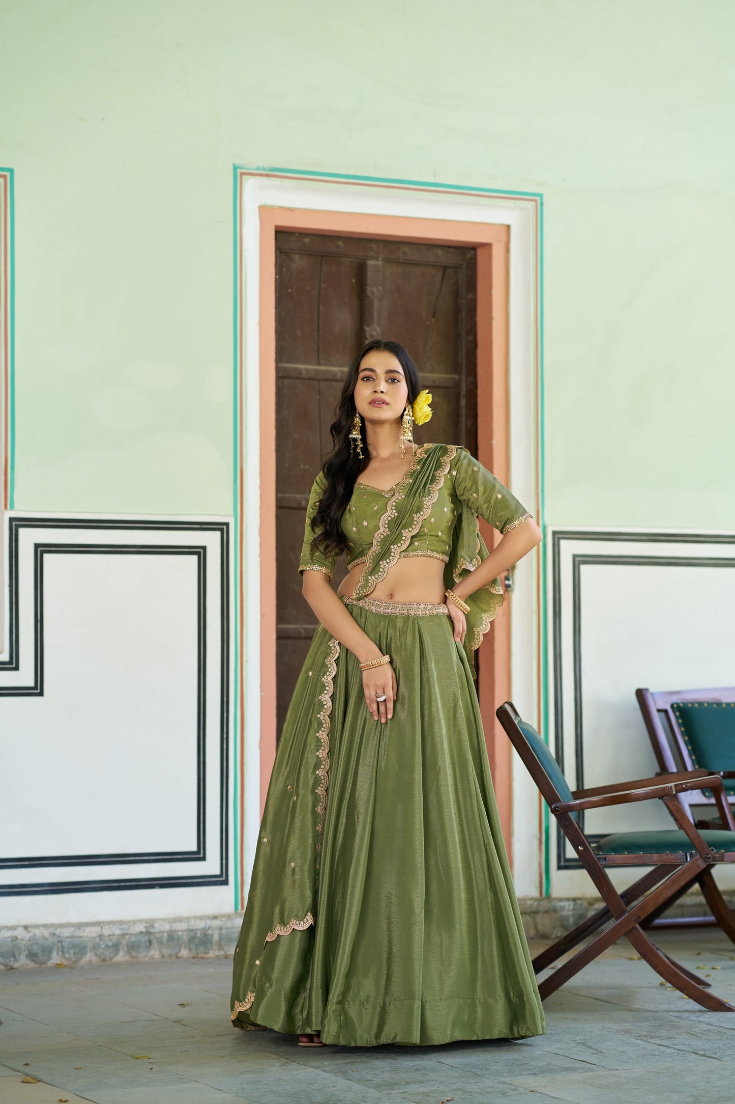 Lorenvalley Fashion Pista Chinon Plain Lehenga Sequins And Thread Embroidery Work Choli With Dupatta