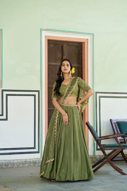 Lorenvalley Fashion Pista Chinon Plain Lehenga Sequins And Thread Embroidery Work Choli With Dupatta