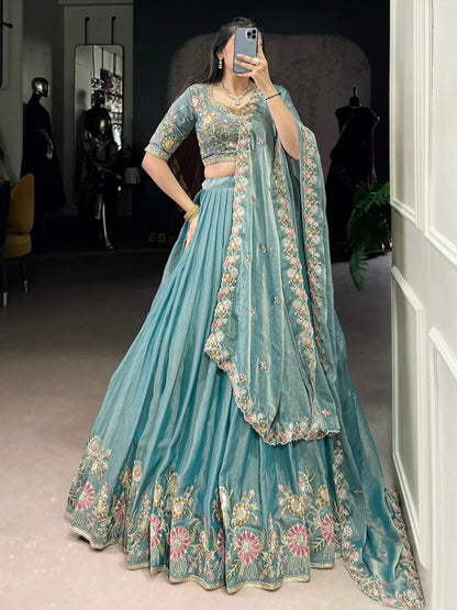 Tulsi Art Beautiful Sky Blue Organza Zari Weaving Engagement Wear Lehenga Choli