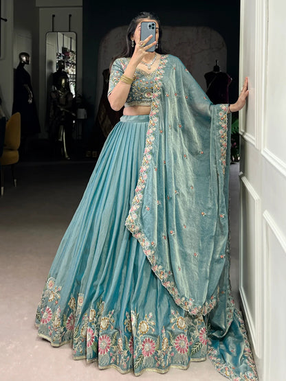 Tulsi Art Beautiful Sky Blue Organza Zari Weaving Engagement Wear Lehenga Choli