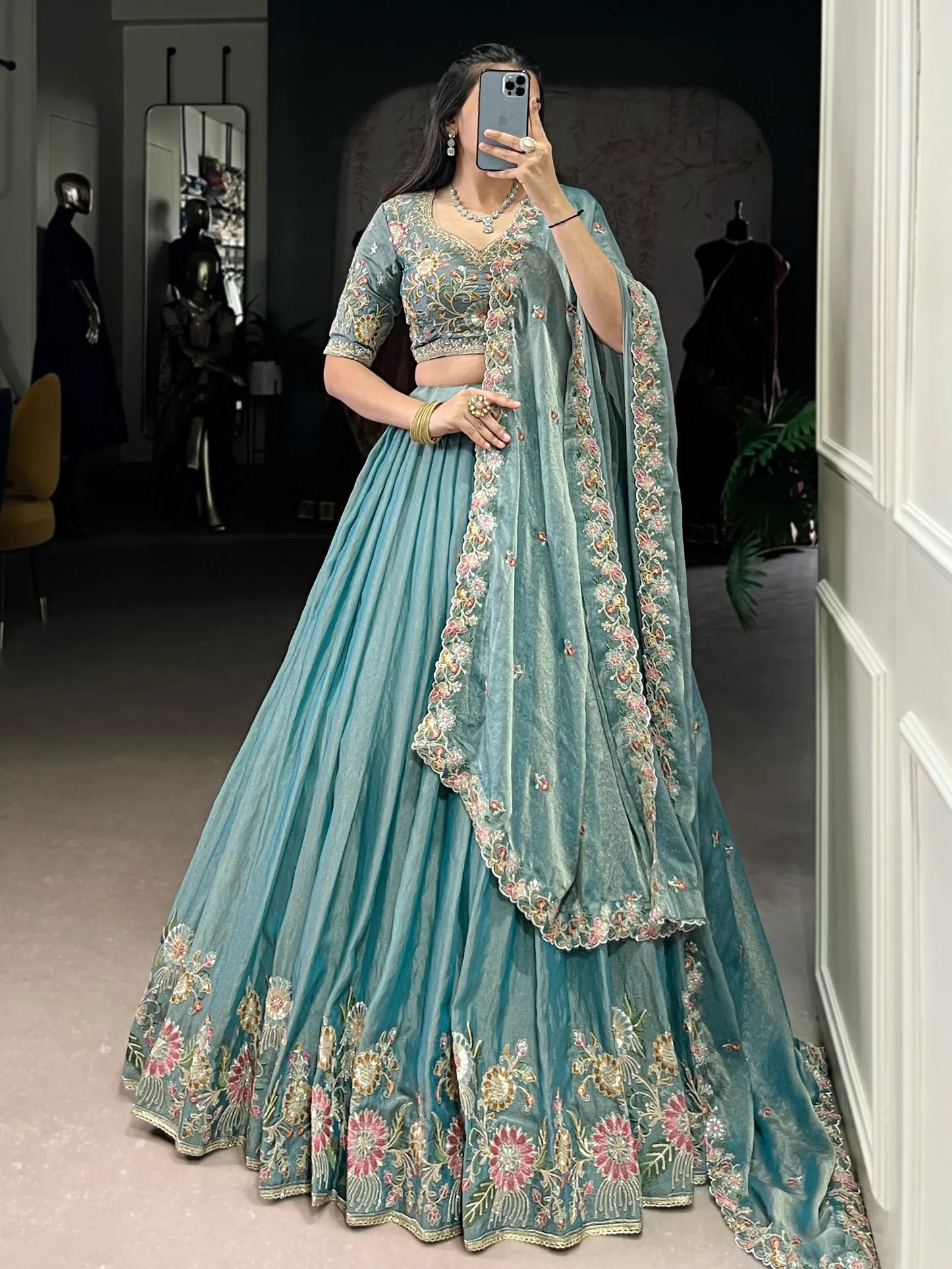 Tulsi Art Beautiful Sky Blue Organza Zari Weaving Engagement Wear Lehenga Choli
