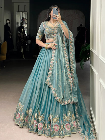 Tulsi Art Beautiful Sky Blue Organza Zari Weaving Engagement Wear Lehenga Choli