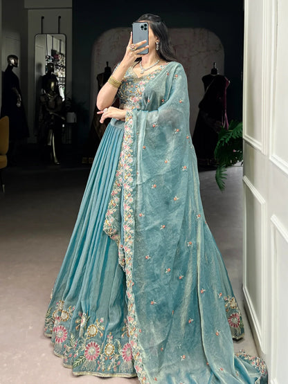 Tulsi Art Beautiful Sky Blue Organza Zari Weaving Engagement Wear Lehenga Choli