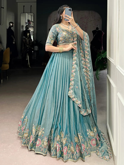 Tulsi Art Beautiful Sky Blue Organza Zari Weaving Engagement Wear Lehenga Choli