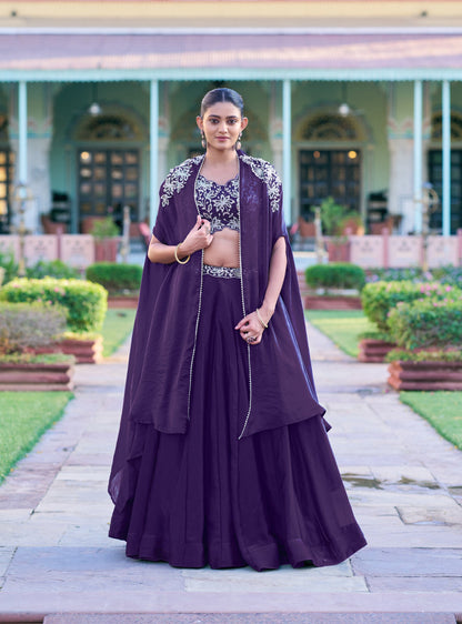 Lorenvalley Fashion Purple Fendy Silk Beads & Sequins and Thread Embroidery Work Belt Lehenga Choli with Shrug