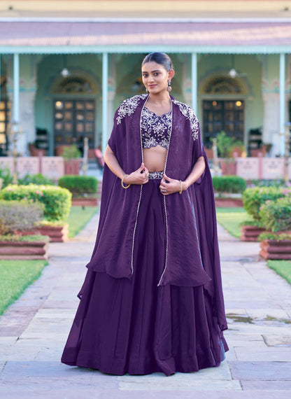 Lorenvalley Fashion Purple Fendy Silk Beads & Sequins and Thread Embroidery Work Belt Lehenga Choli with Shrug