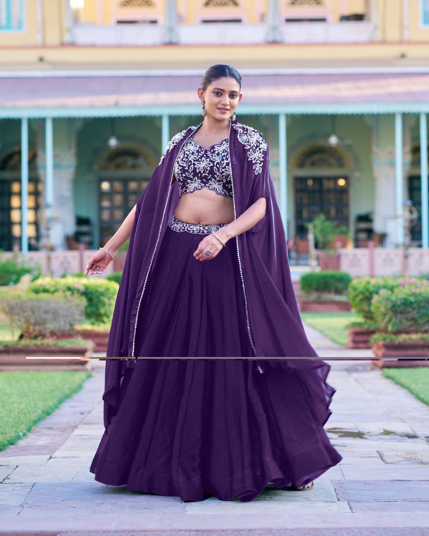 Lorenvalley Fashion Purple Fendy Silk Beads & Sequins and Thread Embroidery Work Belt Lehenga Choli with Shrug