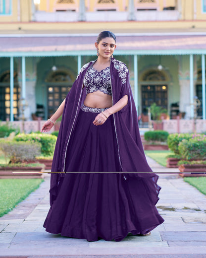 Lorenvalley Fashion Purple Fendy Silk Beads & Sequins and Thread Embroidery Work Belt Lehenga Choli with Shrug