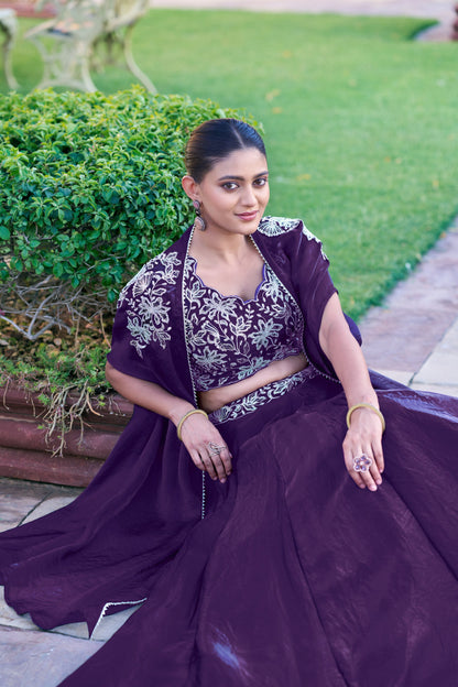 Lorenvalley Fashion Purple Fendy Silk Beads & Sequins and Thread Embroidery Work Belt Lehenga Choli with Shrug