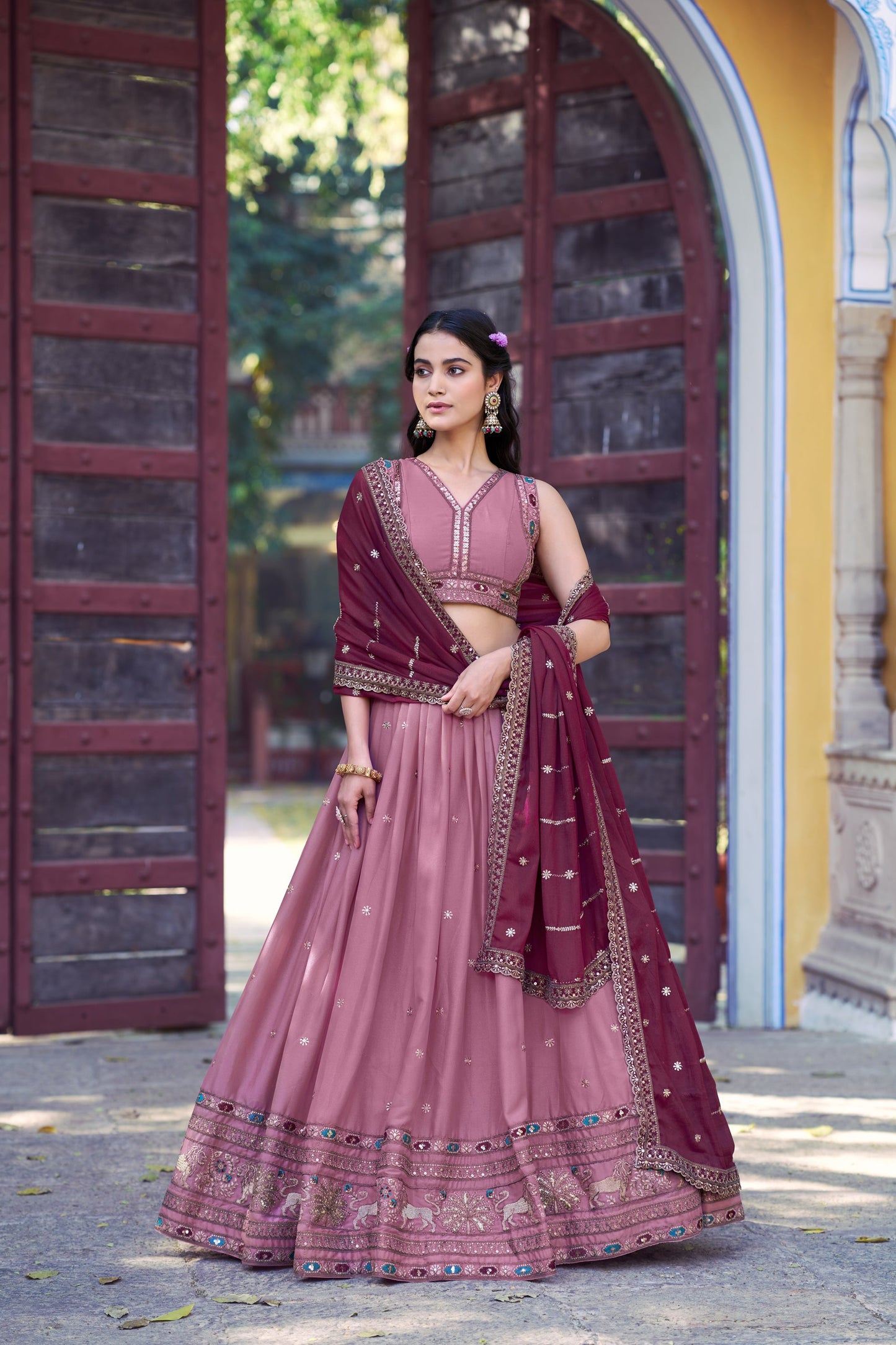 Lorenvalley Fashion Pink Star Georgette Zari, Sequins & Resham Embroidery With Butti And Arca Detailing Lehenga Choli with Dupatta
