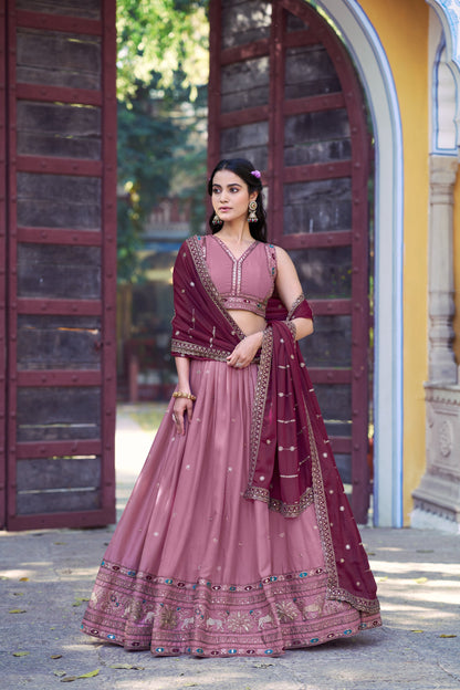 Lorenvalley Fashion Pink Star Georgette Zari, Sequins & Resham Embroidery With Butti And Arca Detailing Lehenga Choli with Dupatta