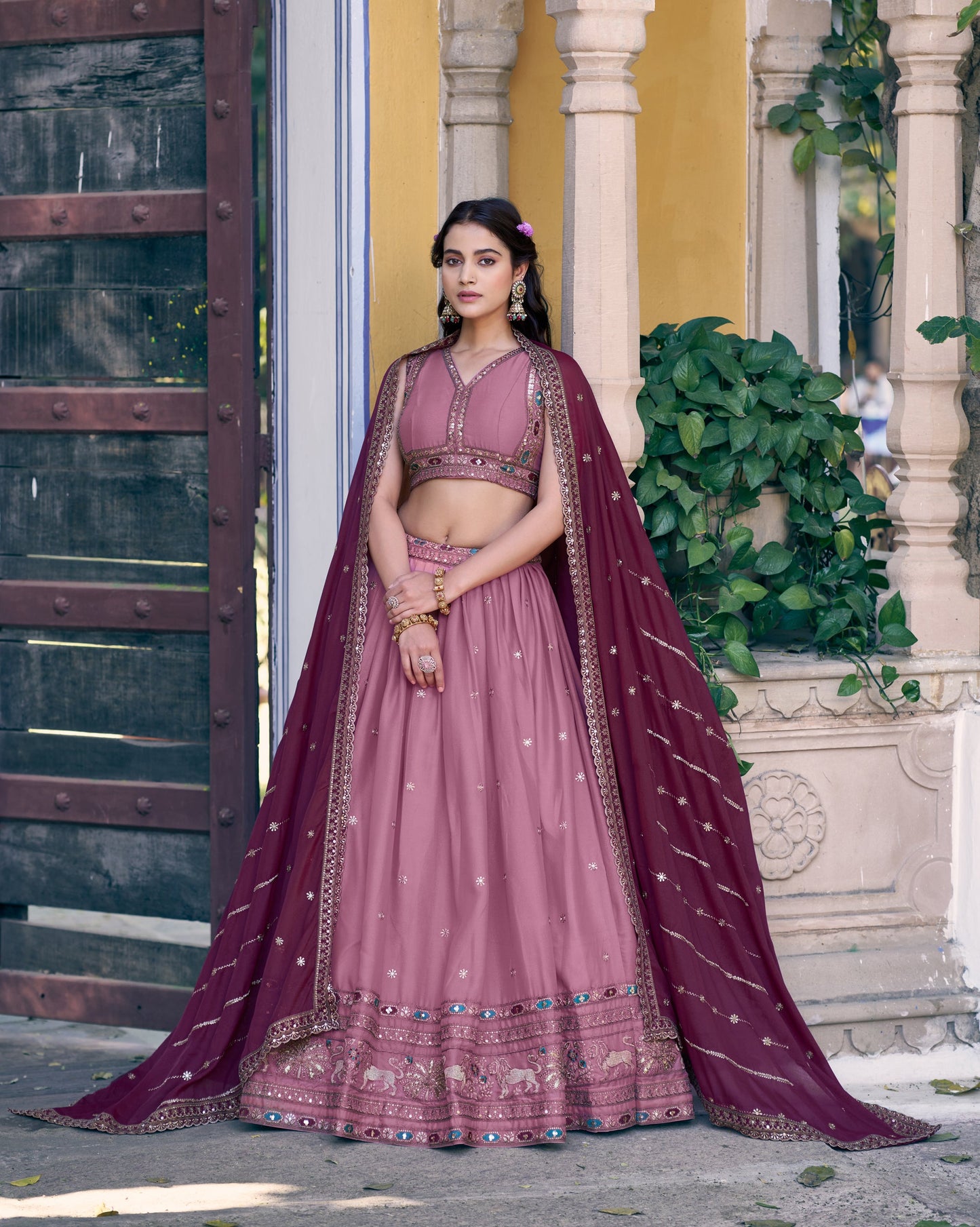 Lorenvalley Fashion Pink Star Georgette Zari, Sequins & Resham Embroidery With Butti And Arca Detailing Lehenga Choli with Dupatta