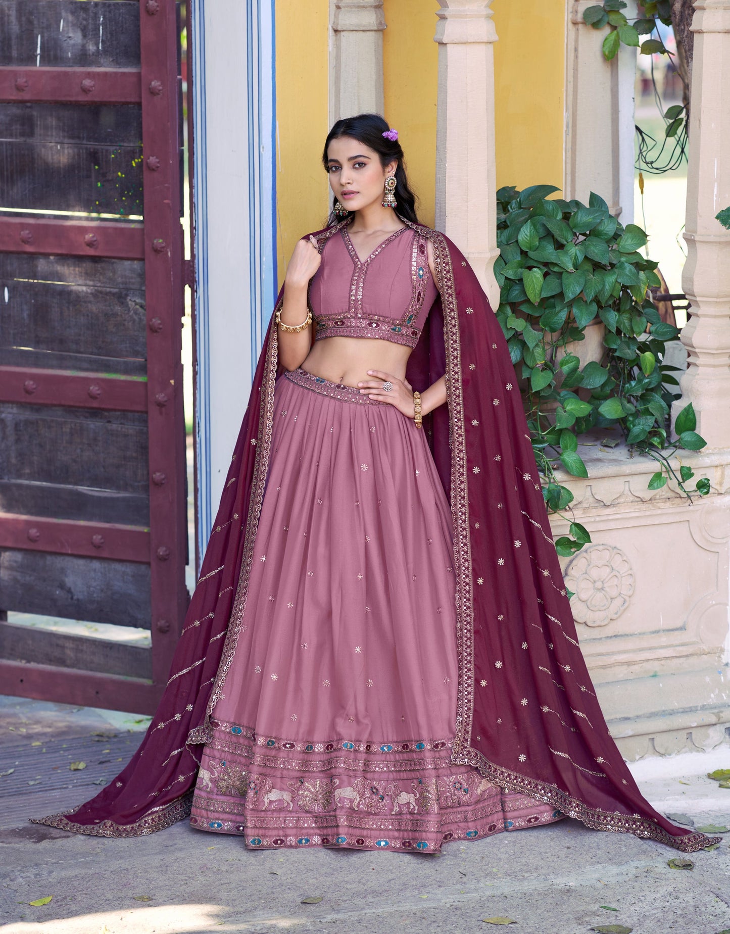 Lorenvalley Fashion Pink Star Georgette Zari, Sequins & Resham Embroidery With Butti And Arca Detailing Lehenga Choli with Dupatta