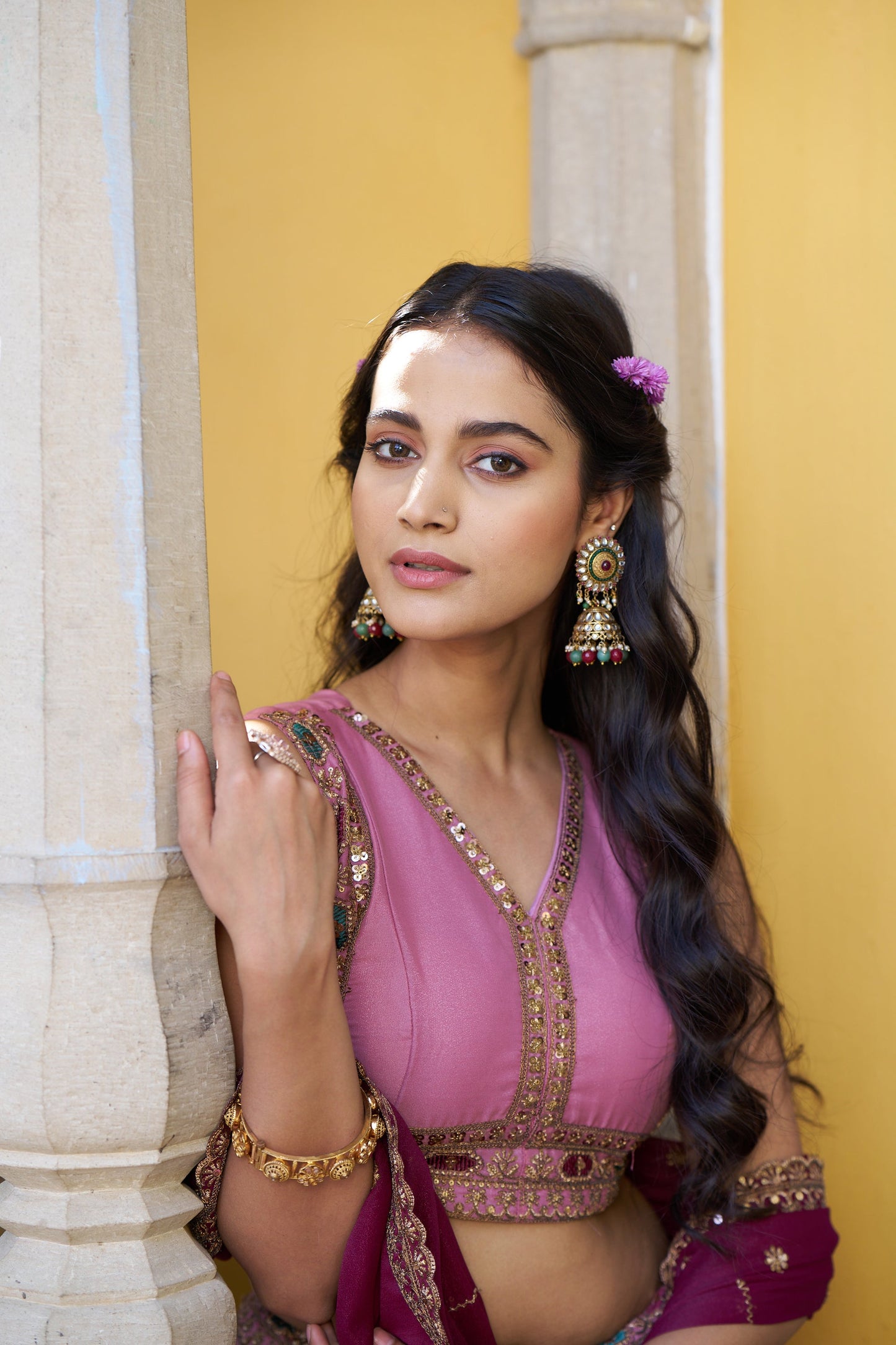 Lorenvalley Fashion Pink Star Georgette Zari, Sequins & Resham Embroidery With Butti And Arca Detailing Lehenga Choli with Dupatta