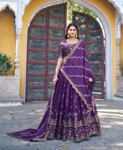 Lorenvalley Fashion Purple Star Georgette Zari, Sequins & Resham Embroidery With Butti And Arca Detailing Lehenga Choli with Dupatta