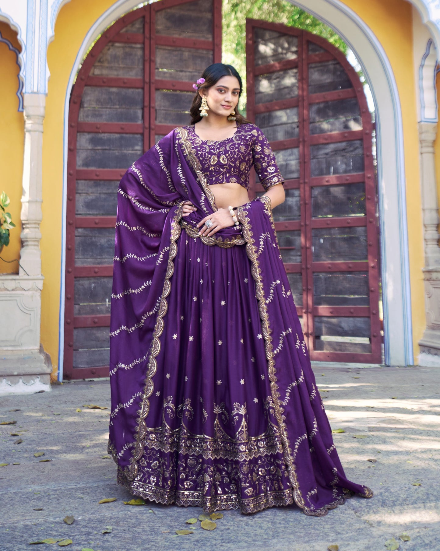 Lorenvalley Fashion Purple Star Georgette Zari, Sequins & Resham Embroidery With Butti And Arca Detailing Lehenga Choli with Dupatta