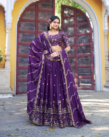 Lorenvalley Fashion Purple Star Georgette Zari, Sequins & Resham Embroidery With Butti And Arca Detailing Lehenga Choli with Dupatta