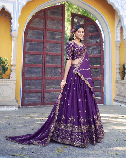 Lorenvalley Fashion Purple Star Georgette Zari, Sequins & Resham Embroidery With Butti And Arca Detailing Lehenga Choli with Dupatta