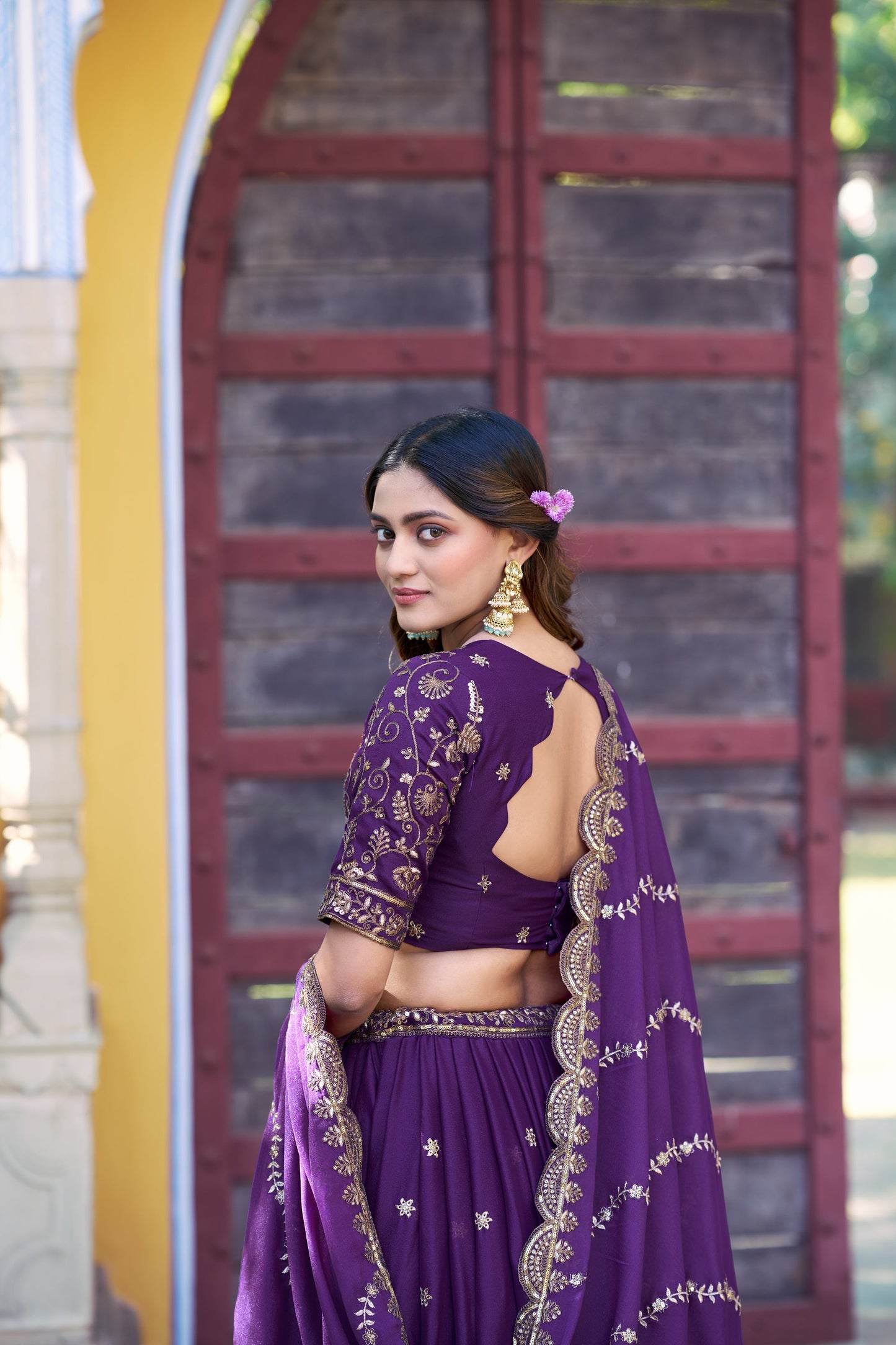 Lorenvalley Fashion Purple Star Georgette Zari, Sequins & Resham Embroidery With Butti And Arca Detailing Lehenga Choli with Dupatta