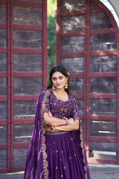 Lorenvalley Fashion Purple Star Georgette Zari, Sequins & Resham Embroidery With Butti And Arca Detailing Lehenga Choli with Dupatta
