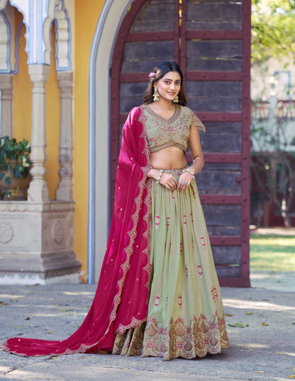 Lorenvalley Fashion Pista Star Georgette Zari, Sequins & Resham Embroidery With Butti And Arca Detailing Lehenga Choli with Dupatta